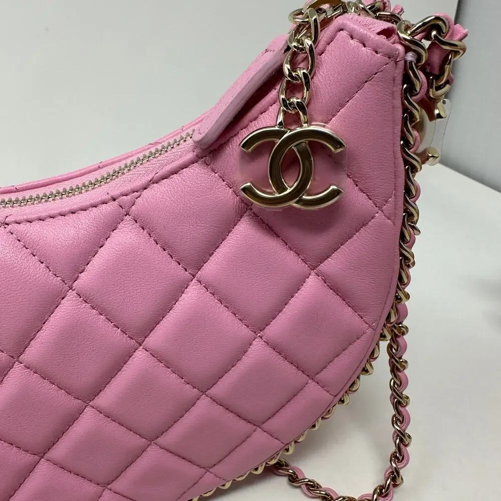 Chanel Clutch with Chain Lambskin Shiny Light Gold Metal Pink Women's One Size